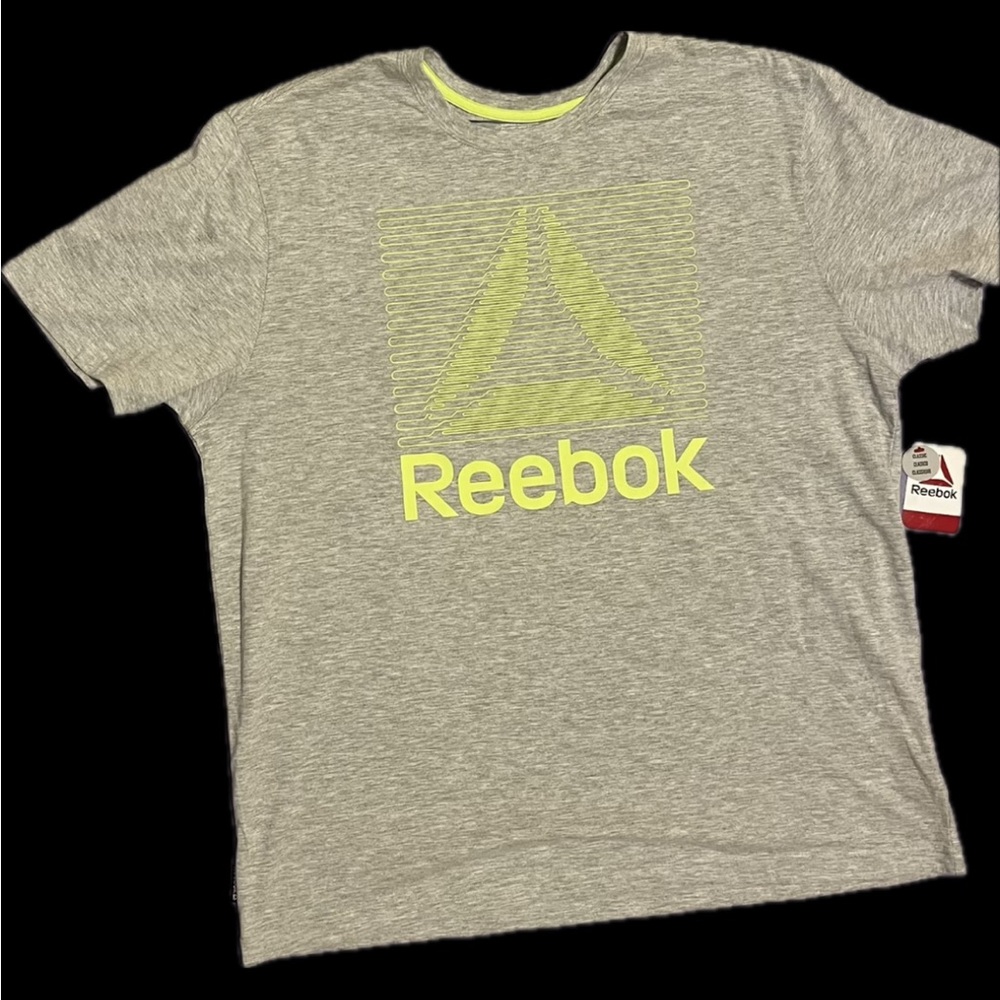 Reebok Men's Light Gray Tee with Neon Yellow Logo Size 2 XL